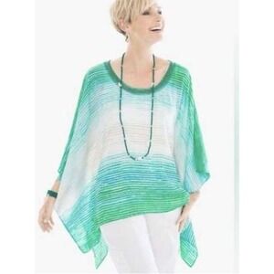 Chicos women small medium  Poncho Tunic Top Green Blue White Stripe Beaded Neck